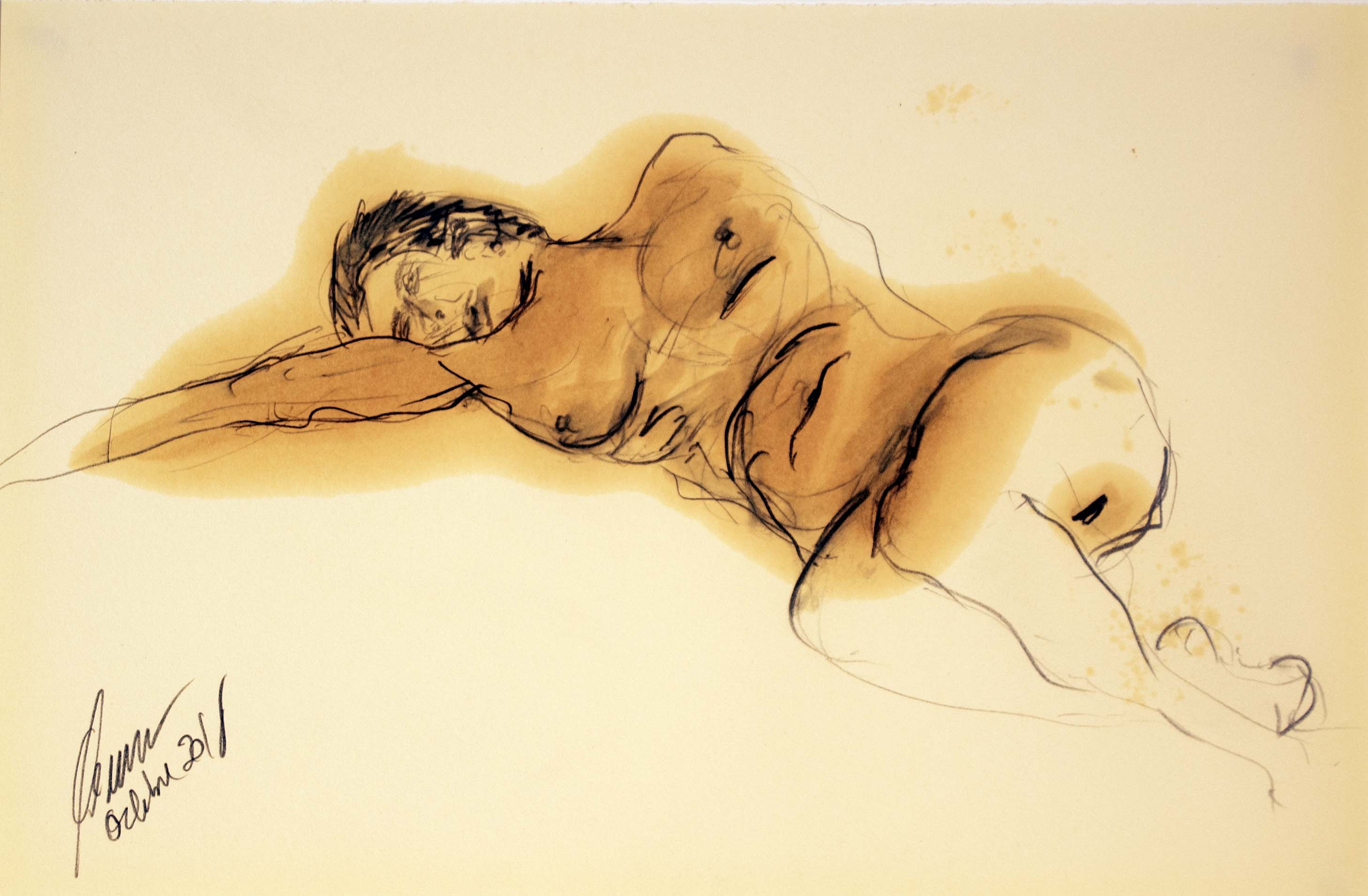 Dona grassa recolzada en braç — Grafit i oli de llinosa sobre paper